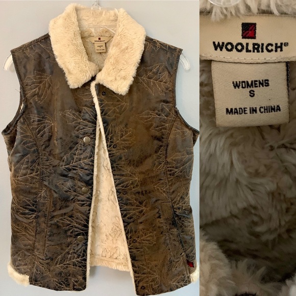 Women’s Winter Vest Faux Fur lined S Woolrich embossed Print Brown gorpcore - Picture 1 of 12